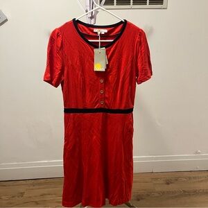 NWT Boden Red Button-Front Dress with Navy Trim size 8 petite